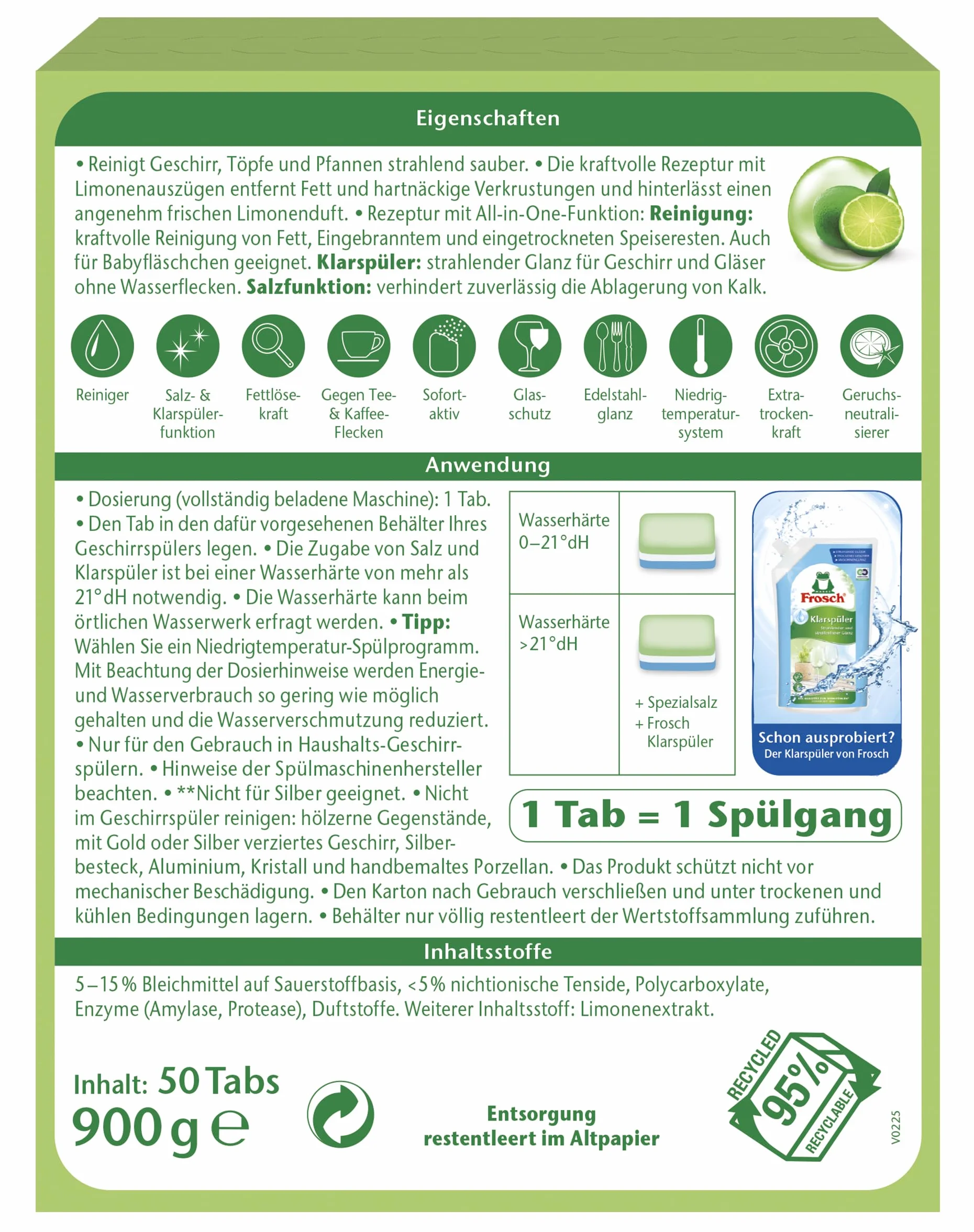 Frosch Limonen Geschirrspül-Tabs, umweltfreundlich, mit wasserlöslicher Folie, für die tägliche Reinigung von Besteck und Geschirr, 50 Tabs, 50 stück