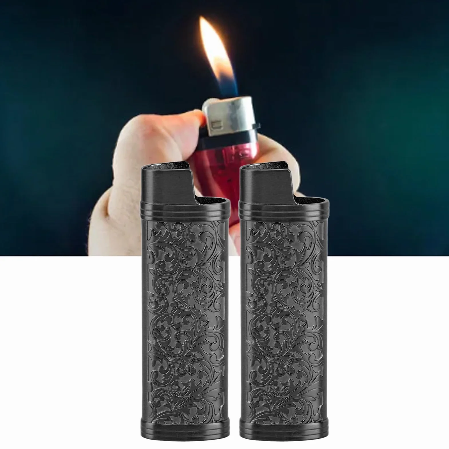 2 Szt. Metalowe Etui na Zapalniczkę z Wytłoczonym Kwiatem w Stylu Vintage, Etui na Zapalniczkę ze Stopu Cynku, Pokrowiec na Zapalniczkę w Stylu Vintage do Ochrony Zapalniczki