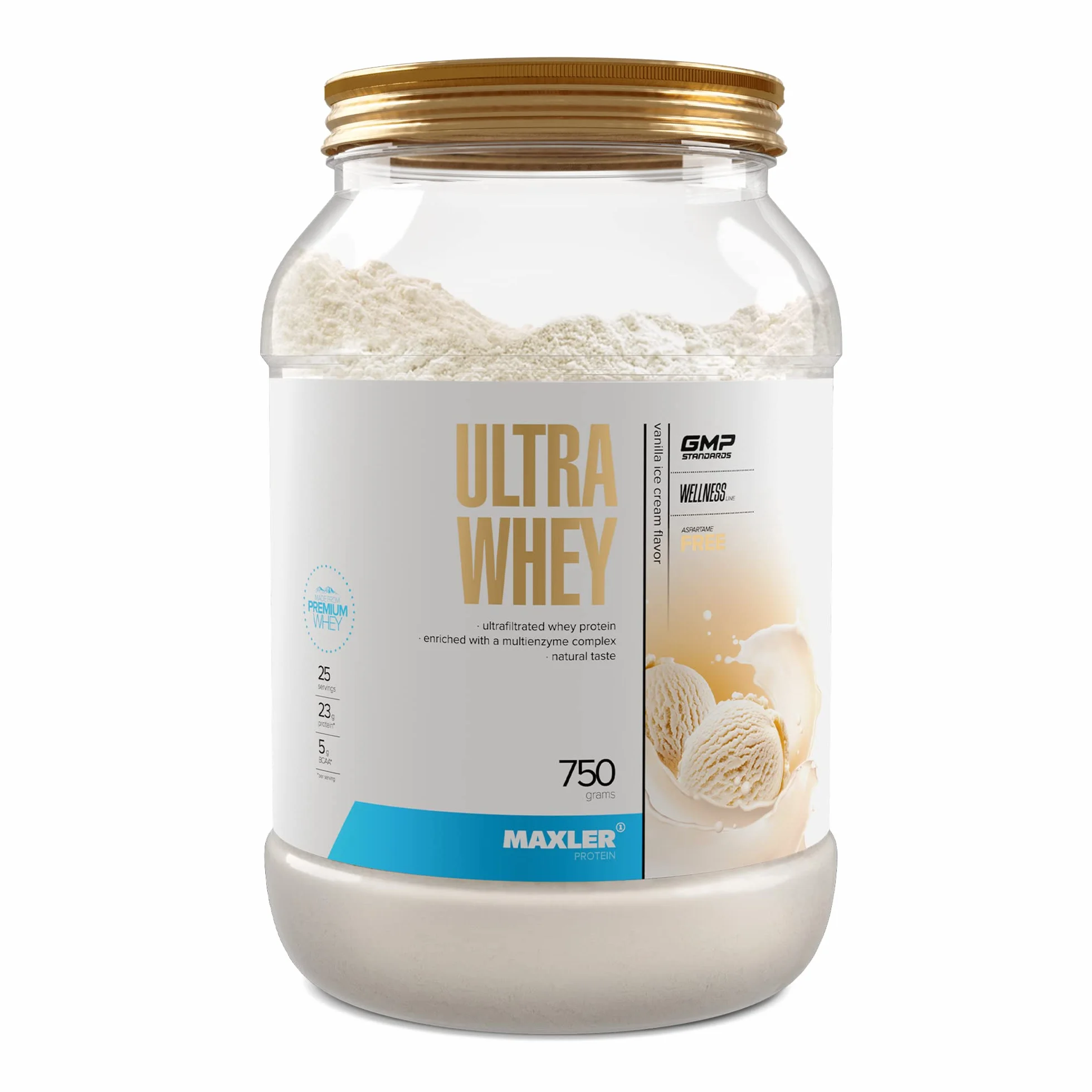 Maxler Ultra Whey Protein - 23 g białka w porcji - Pure Whey Protein Powder - Koncentrat białka serwatki, Izolat białka serwatki, Hydrolizat białka serwatki - Z BCAA - Lody waniliowe - 750g