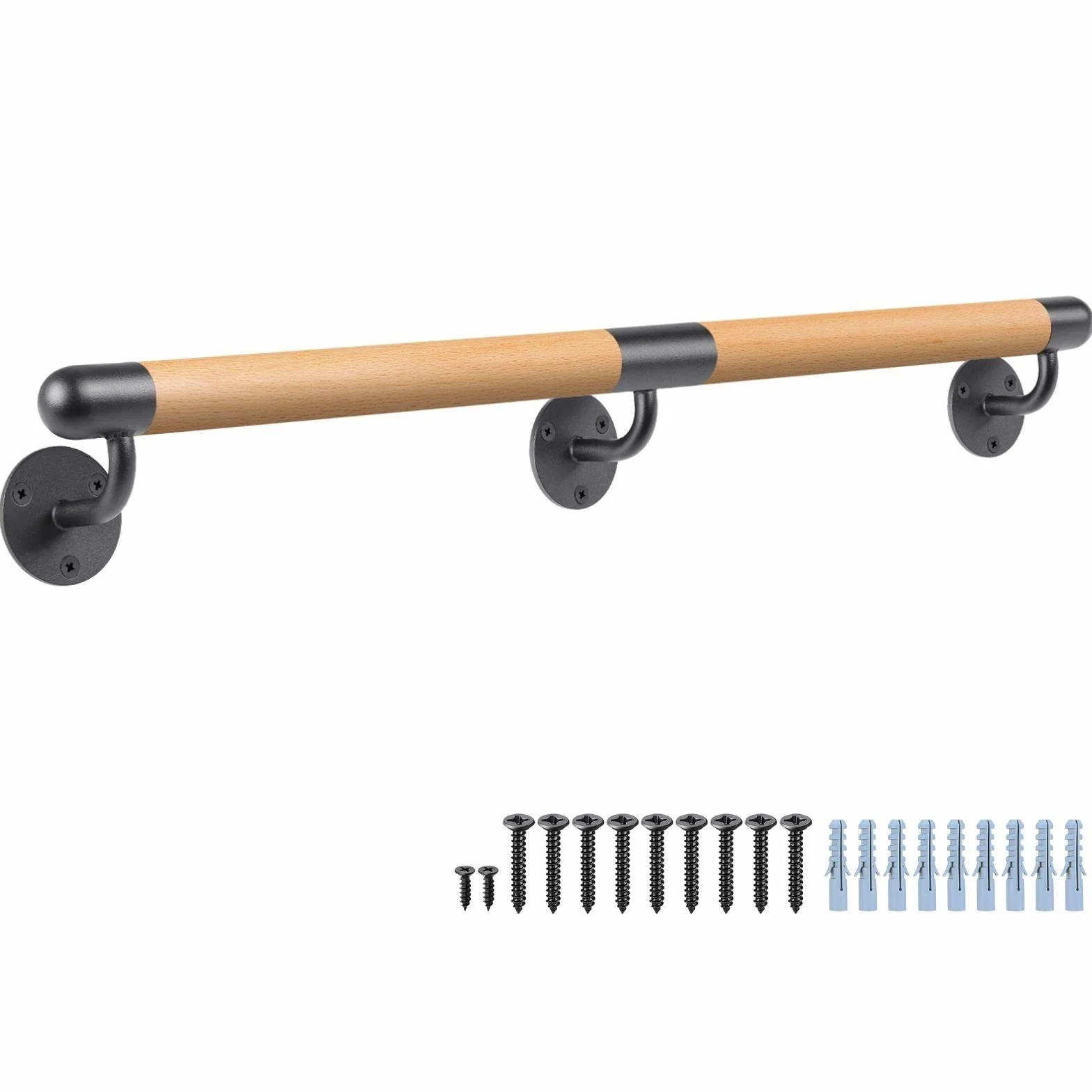 Dolibest Drewniana poręcz, 200 cm, poręcz schodowa, wewnętrzna poręcz z okuciami, 3,8 cm, okrągła, montowana na ścianie, na schody, balustrada bezpieczeństwa na zewnątrz, dla młodszych/starszych