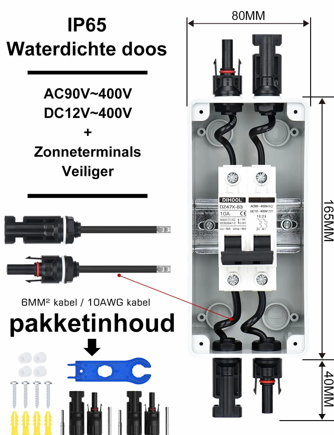 DIHOOL Odłącznik DC PV, wyłącznik nadmiarowy, automatyczny bezpiecznik, 2-biegunowy, 10A, 12V (12V-400V) z kablem, wtyczka solarna, IP65, wodoszczelna obudowa