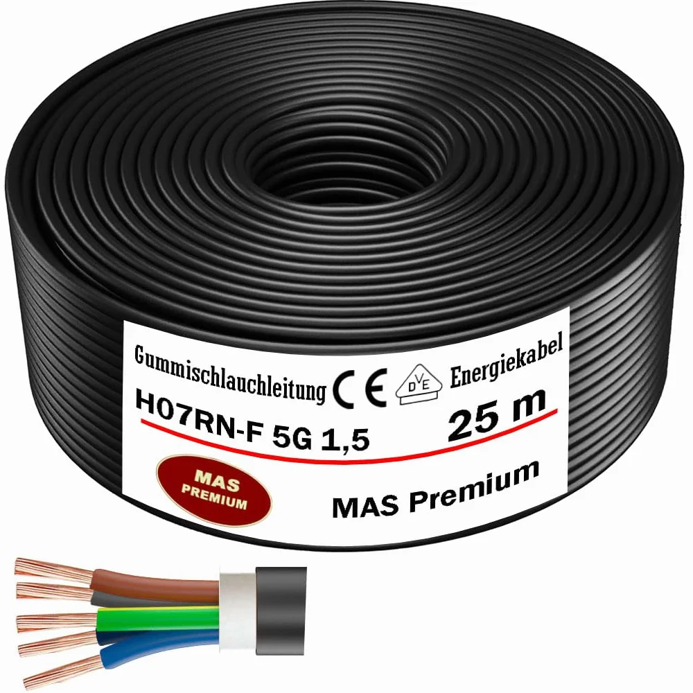 MAS Premium Przewód gumowy 5-100 m, kabel zasilający na plac budowy H07RN-F 5G1,5, 2,5, 4, 6 lub 10, elastyczny przewód z przewodem ochronnym do ciężkich urządzeń (H07RN-F 5G1,5 mm², 25 m)