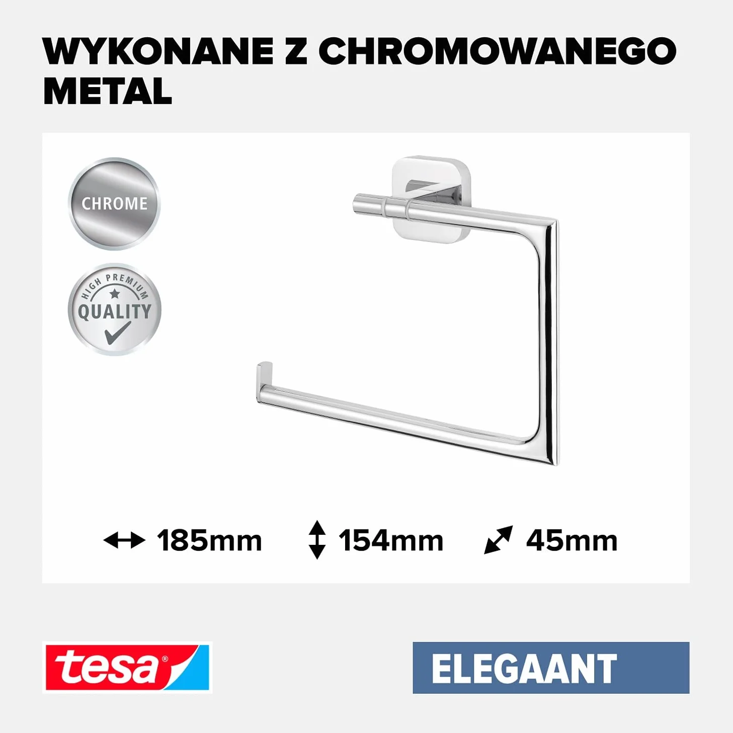 tesa ELEGAANT wieszak na ręczniki – samoprzylepny, metalowy pierścień ręcznikowy do łazienki – chromowany metal – prosty montaż – 156 mm x 185 mm x 45 mm