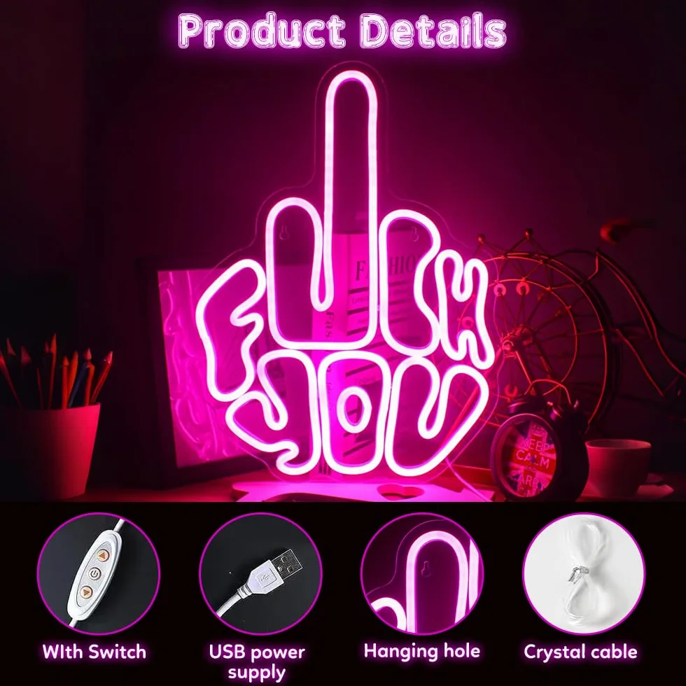 Fuck You napis dla dzieci, różowy gest z 10 regulowanymi poziomami jasności i 2 m kablem, świecące napisy zasilane przez USB, podświetlane tabliczki na ścianę, pokój gier, salon, bar