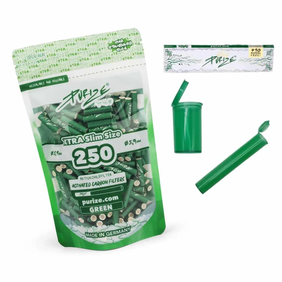 PURIZE 250 sztuk filtrów z węglem aktywnym Xtra Slim Size 6 mm (5,9 mm) z 2 ceramicznymi nakładkami, w zestawie joint tube, puszeczki Popup, papier i naklejki (zielone)