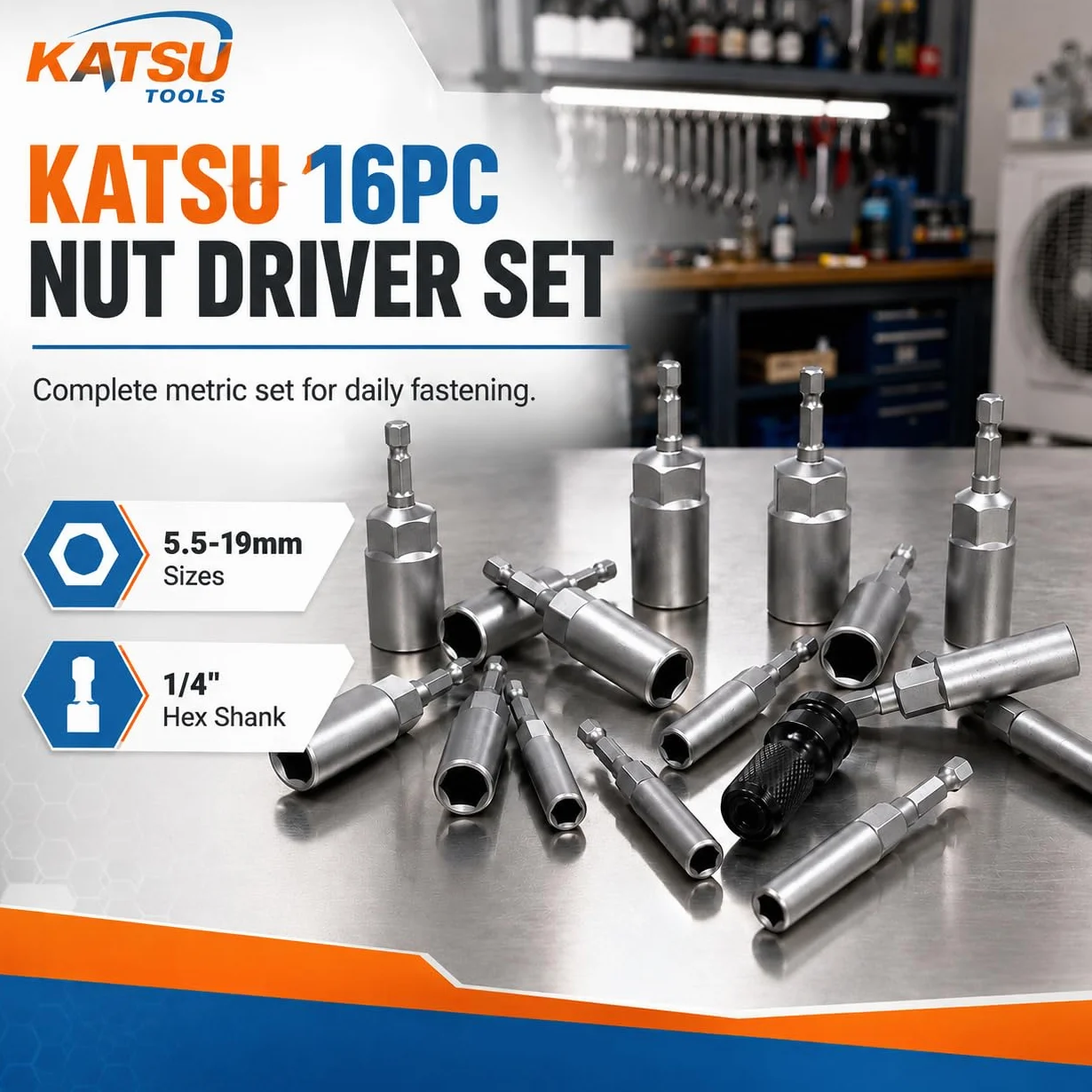 KATSU Tools 16 szt. wkrętak do nakrętek, zestaw głębokich nasadek, metryczny, 5,5-19 mm, 1/10.2 cm, z chwytem sześciokątnym, magnetyczny, do wiertarki elektrycznej, długość 80 mm