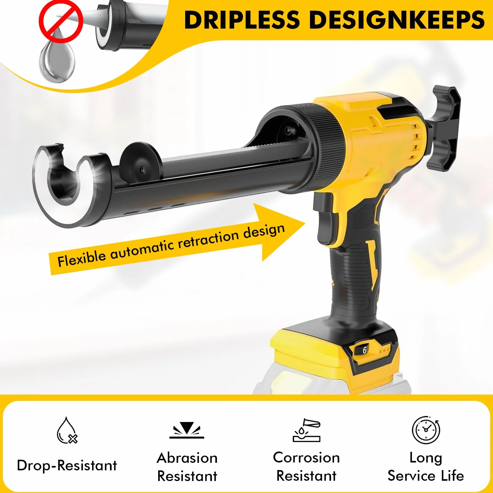 Akumulatorowa prasa kartuszowa kompatybilna z akumulatorem Dewalt 20 V, elektryczny pistolet na kartusz z 6 prędkościami, światło LED, akumulatorowa, strzykawka silikonowa do wkładów 300 ml z 9