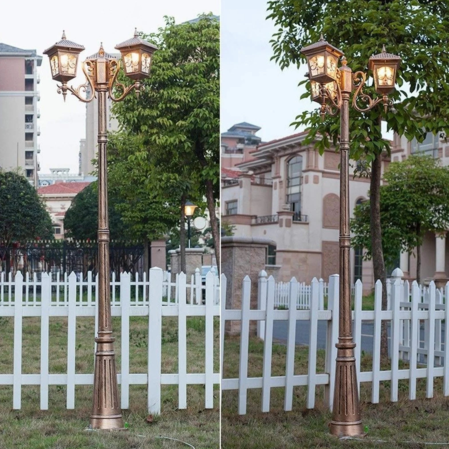 Lampy Solarne Na Słupku, Zewnętrzne Lampy Uliczne, 3-Światła, Europejska Tradycja, Wodoodporna Lampa Uliczna, Zewnętrzne Lampy Na Słupku, Antyczne Aluminium, Metal,Brown-2.05M