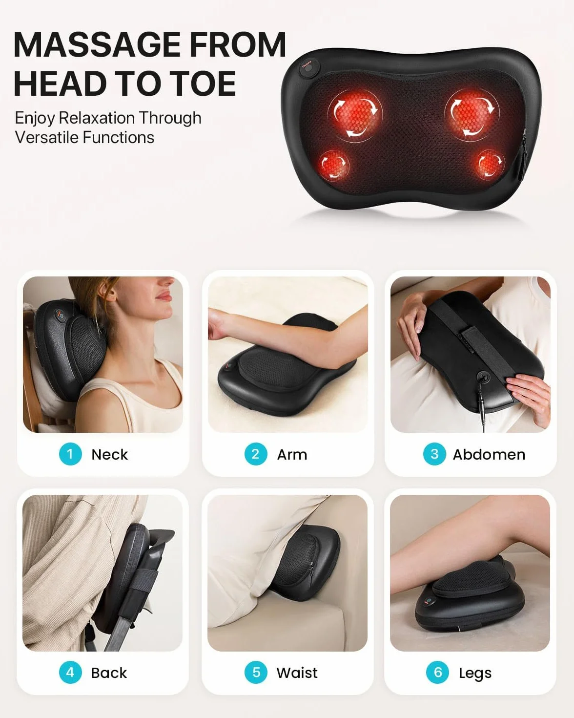 ALLJOY Poduszka do masażu Shiatsu z ogrzewaniem, obrotowe głowice 3D, skóra PU