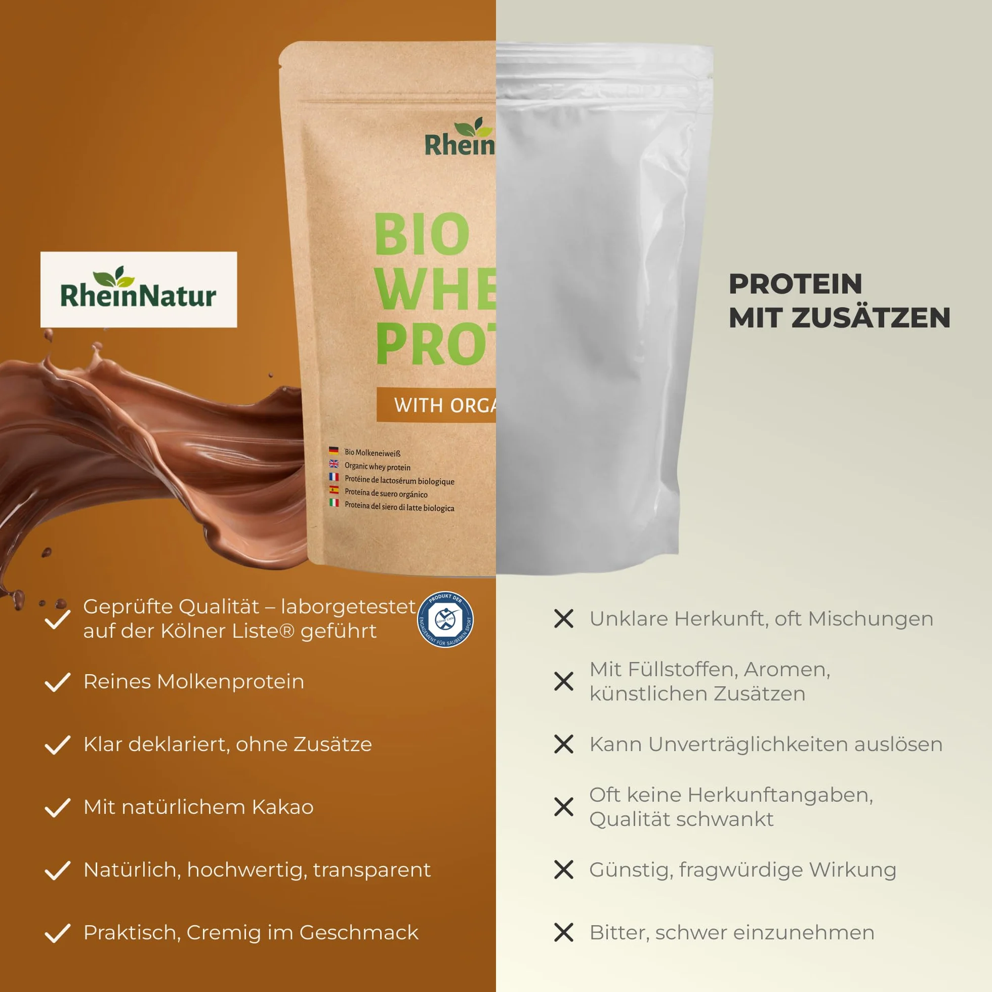 RheinNatur Bio Whey Protein-proszek Kakao 900 g - Proszek białkowy z bio-proszkiem kakaowym i bez soi - 100% białko z serwatki dla koktajli białkowych