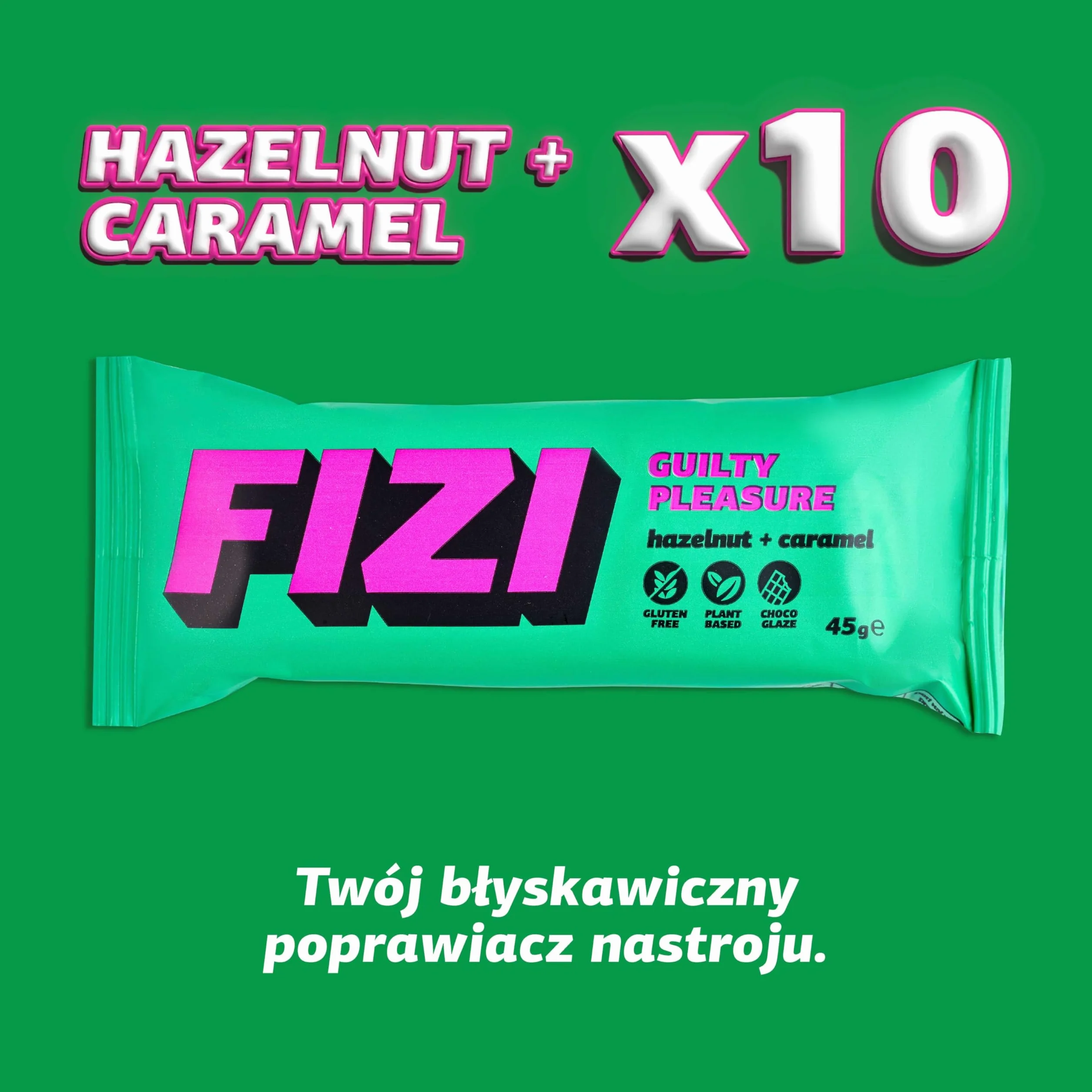FIZI Czekoladowe Batony Wegańskie Orzech Laskowy i Karmel, W czekoladowej polewie, Na bazie roślin, Bez rafinowanego cukru, Bez glutenu, Bez GMO, Bez laktozy, Idealna przekąska w podróży (10x45g)