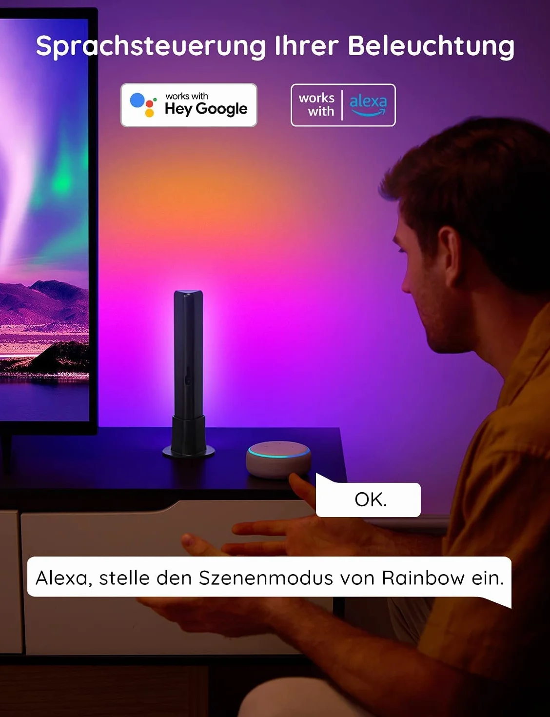 Govee Listwa świetlna LED, podświetlenie TV RGBICWW współpracuje z Alexą, Asystentem Google, sterowanie z aplikacji, możliwość ściemniania 16 milionów kolorów dla pomieszczeń, dekoracja do gier