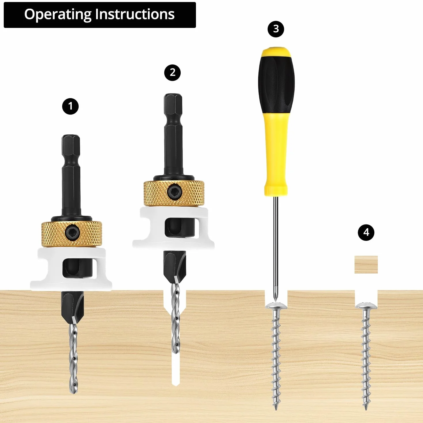 QWORK® 6-częściowy zestaw wierteł z ogranicznikiem głębokości, Ø 2,8/3,2/3,5/4 mm x 8 mm, HSS-M2, wiertła do drewna do precyzyjnych otworów wpuszczanych, chwyt sześciokątny 1/4"
