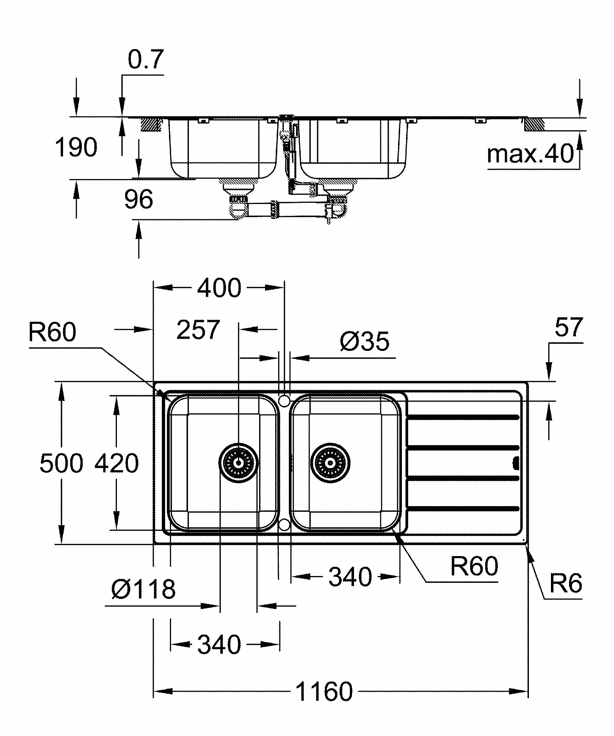 GROHE K500 - Zlew kuchenny z 2 wiadrem, Stal nierdzewna, 31588SD1