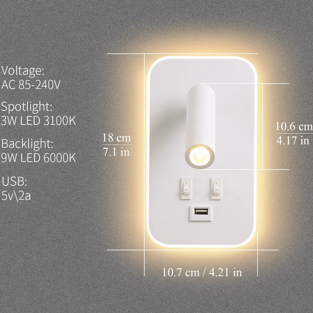 LED Kinkiet, z Przełącznikiem, z portem ładowania USB, 350°Obrotowa Lampka Nocna Nowoczesna Lampa do Czytania Lampa Ścienna Ciepłe Białe Światło 3W 3100K+9W 6000K do sypialni, nauka (Biały)