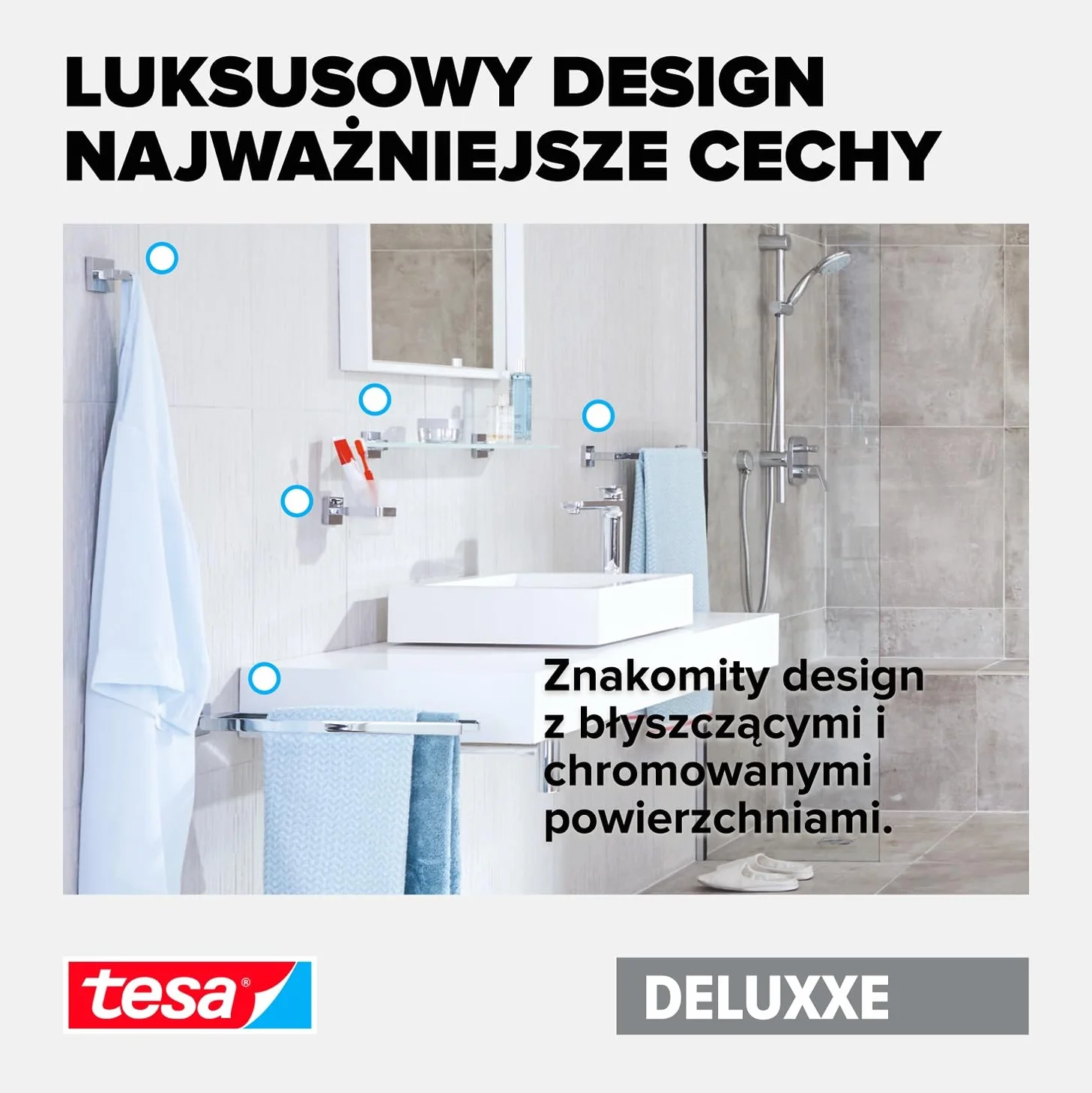 tesa DELUXXE wieszak na ręczniki samoprzylepny metalowy chromowany 156 mm x 185 mm x 45 mm