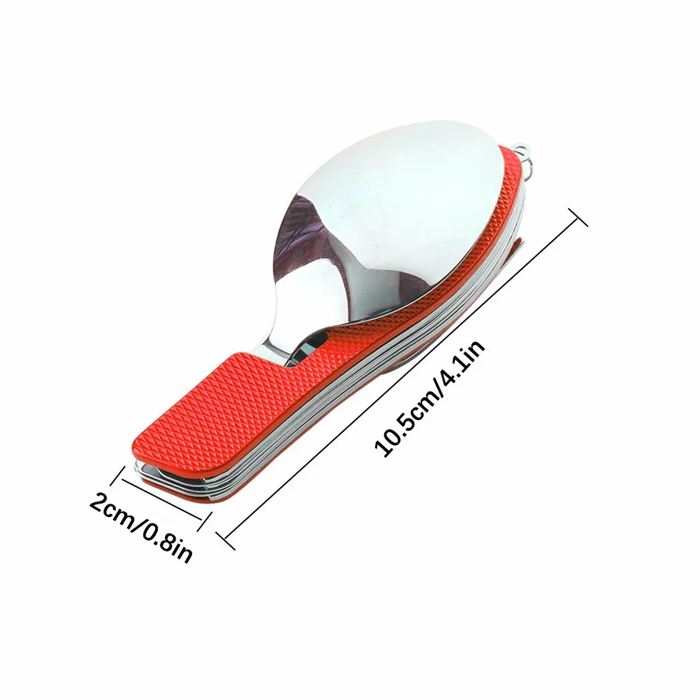 2 szt. Premium sztućce kempingowe 4 w 1, składane sztućce 4 w 1, stal nierdzewna zestaw sztućców kempingowych outdoor, zestaw nóż widelec łyżka otwieracz do butelek (czerwony)