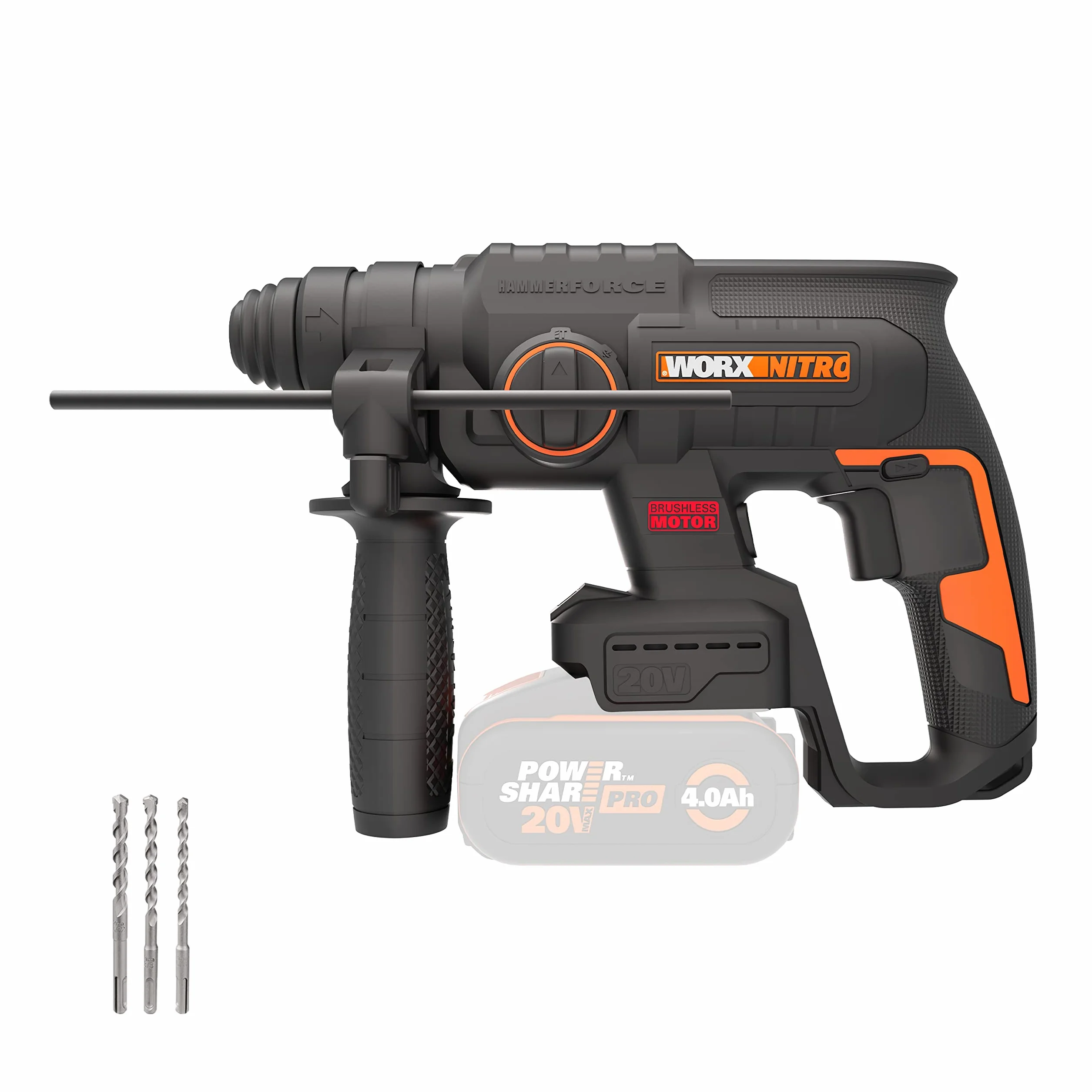 WORX Bezprzewodowy dziurkacz bezszczotkowy 20V WX381.9, 2J, 3 w 1, wiercenie, wiercenie, dłutowanie we wszystkich materiałach, antywibracje, dostarczany bez baterii i ładowarki, z akcesoriami