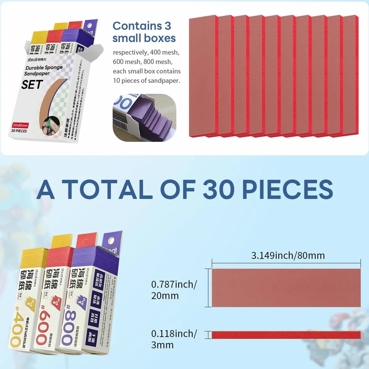 Stedi Gąbka szlifierska 3mm blok szlifierski wodoodporny #400#600#800 papier ścierny 30 arkuszy
