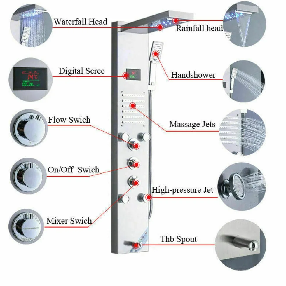 Panel prysznicowy ze szczotkowanego niklu LED, deszczownica, kran, system masażu, dysze do ciała