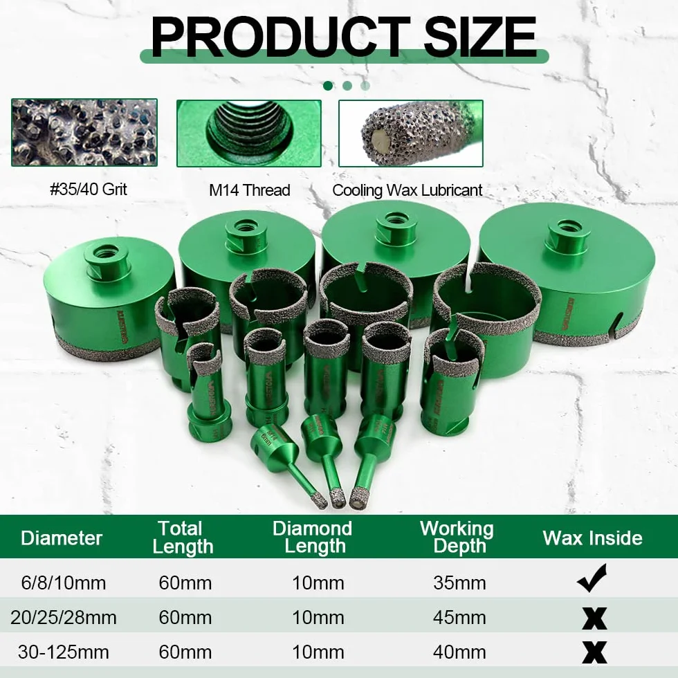 Zestaw wierteł diamentowych rdzeniowych – średnica 6/6/8/10 mm M14 gwintowane otwornice do płytek do wiercenia na sucho porcelana płytki ceramiczne, granit, marmur, kamień, szlifierka kątowa