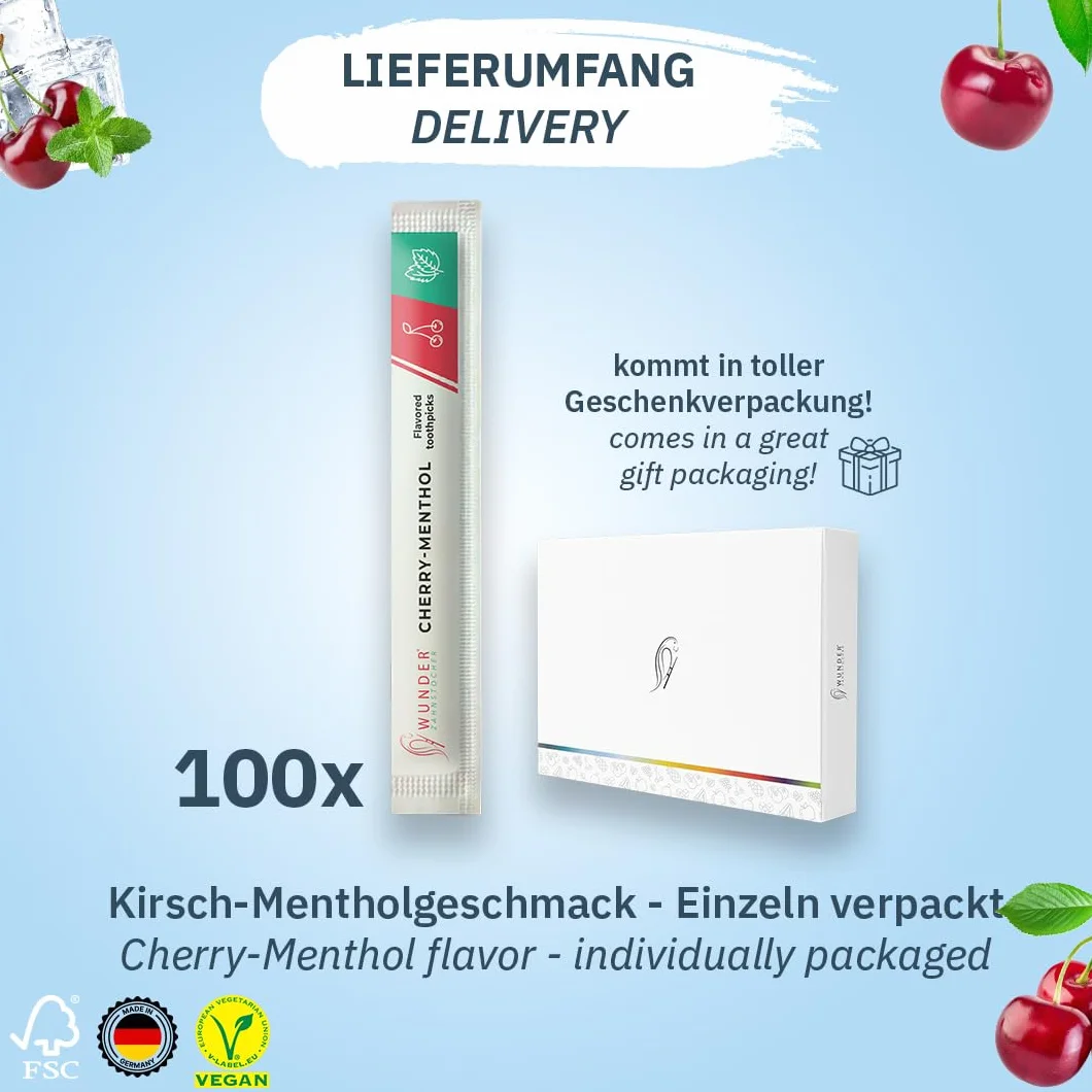 Wunder Wykałaczki o aromacie - 100x indywidualnie zapakowane wykałaczki - dostępne w 7 orzeźwiających smakach - delikatna higiena jamy ustnej - świeży oddech - indywidualnie zapakowane wykałaczki o aromacie (Wiśnia - Mentol)