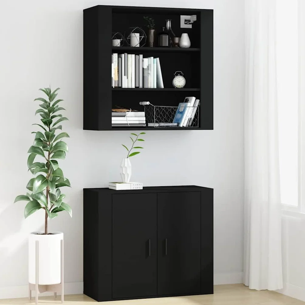 Szafka ścienna czarna z materiału drewnopochodnego 80 x 33 x 80 cm z 3 półkami, organizer do salonu, sypialni, kuchni i biura, do montażu na ścianie lub jako kredens