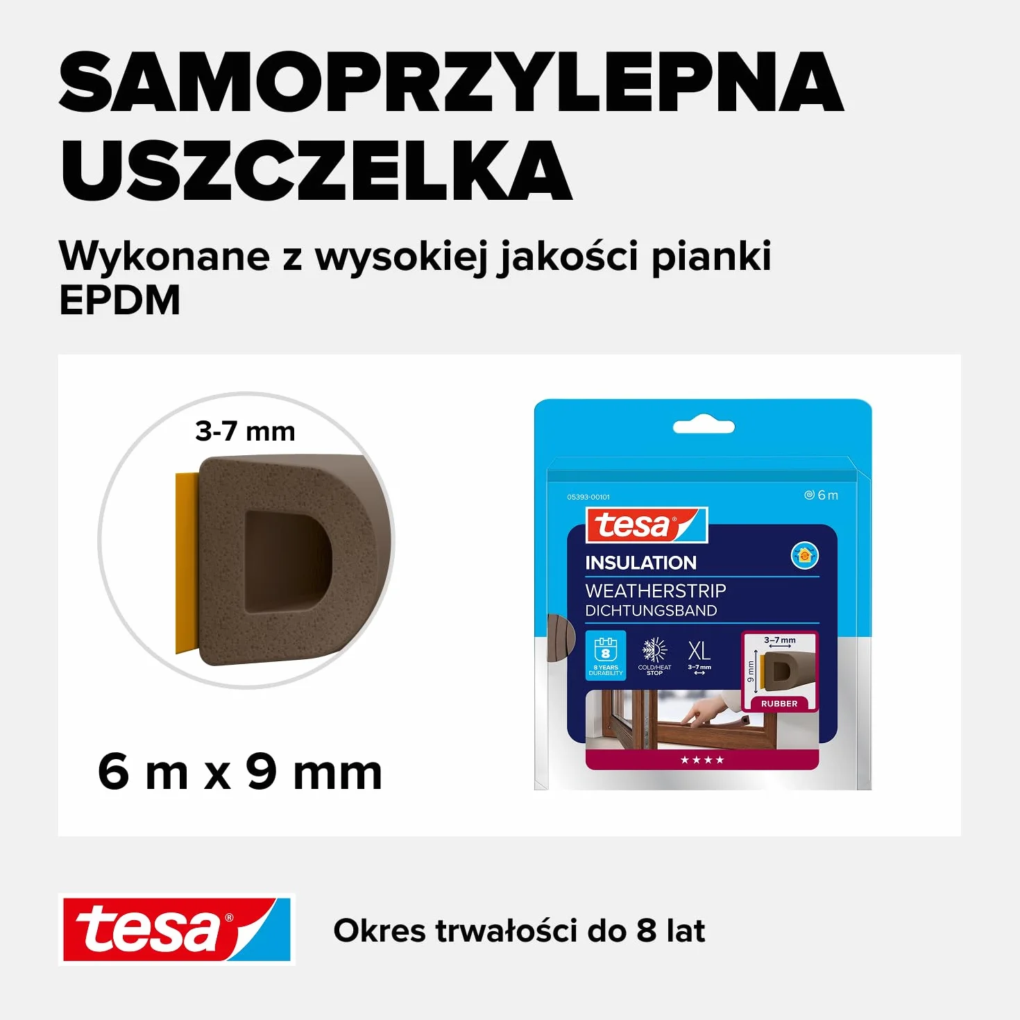 tesa INSULATION XL uszczelka gumowa - Samoprzylepna uszczelka do izolacji szczelin w oknach i drzwiach - Brązowa - 6 m x 9 mm x 7 mm