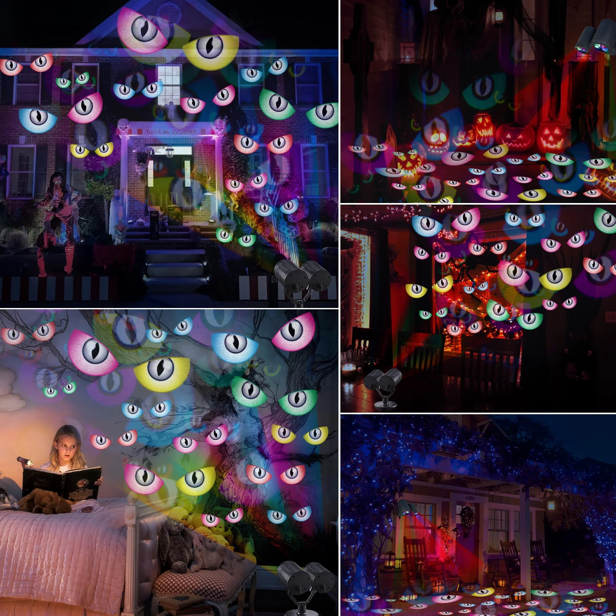 iShabao Dekoracja na Halloween, do użytku na zewnątrz, podwójna głowica, dynamiczny projektor Halloween z timerem, wodoszczelna lampa projekcyjna LED z oczami duchów, do ogrodu, na okno, ścianę