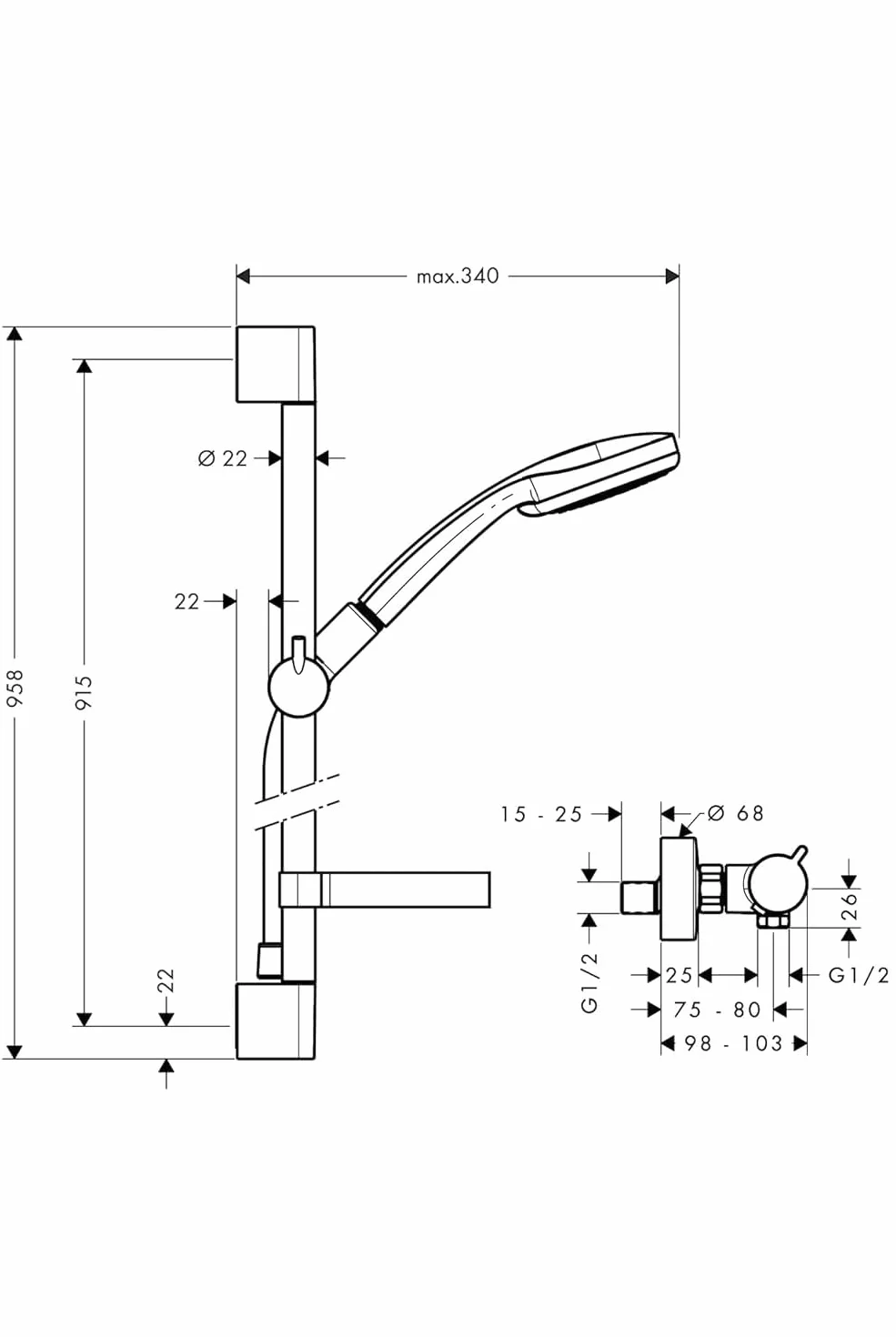 hansgrohe Croma 100 Zestaw prysznicowy Multi z termostatem Ecostat Comfort i drążkiem 90 cm chrom, 27085000