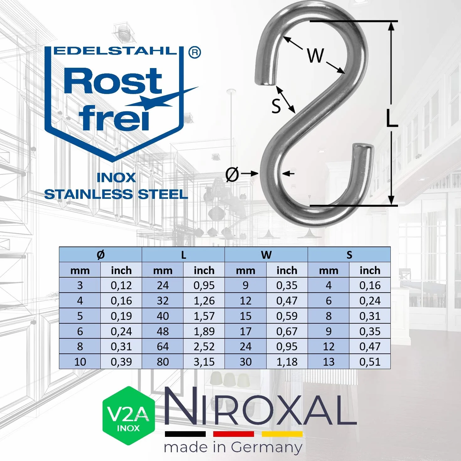 NietFullThings Hak symetryczny S ze stali nierdzewnej V2A, mała średnica 3 mm, grubość 24 mm, długość 24 mm, metalowy haczyk do zawieszenia, dekoracja