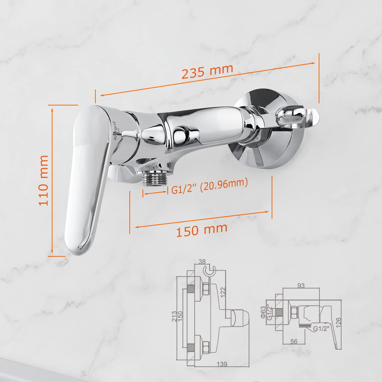 Ibergrif M12059-1 Bateria prysznicowa z uchwytem prysznicowym, jednouchwytowa bateria prysznicowa bez głowicy prysznicowej i węża, łatwa instalacja, mosiądz, chrom