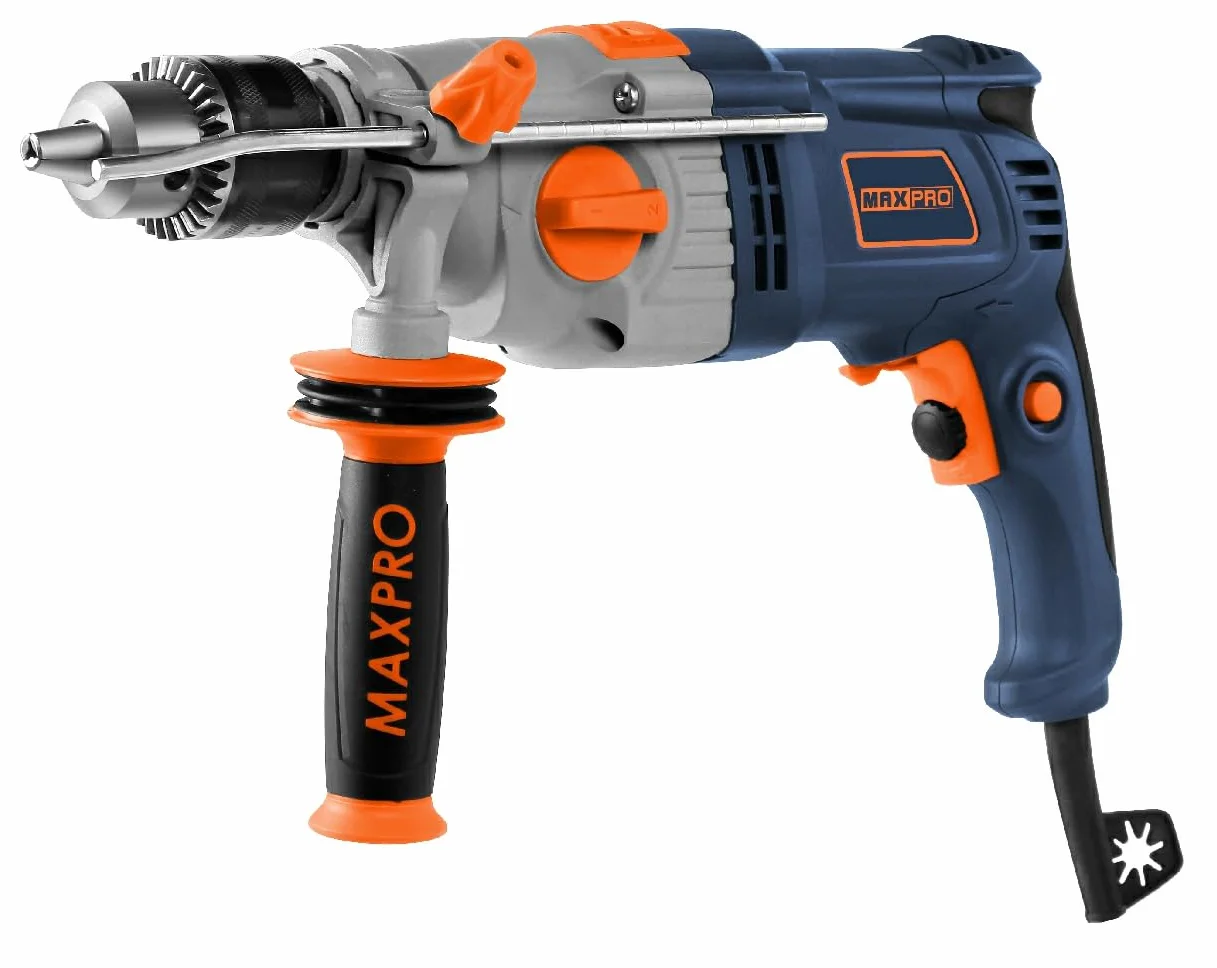 MAXPRO Wiertarka udarowa 1050 W, 2-biegowa (0-1100/2800 RPM), 48 000 BPM, uchwyt wiertarski 1,5-16 mm, średnica wiercenia w betonie 20 mm, metal 13 mm, drewno 30 mm, obracany o 360° uchwyt pomocniczy