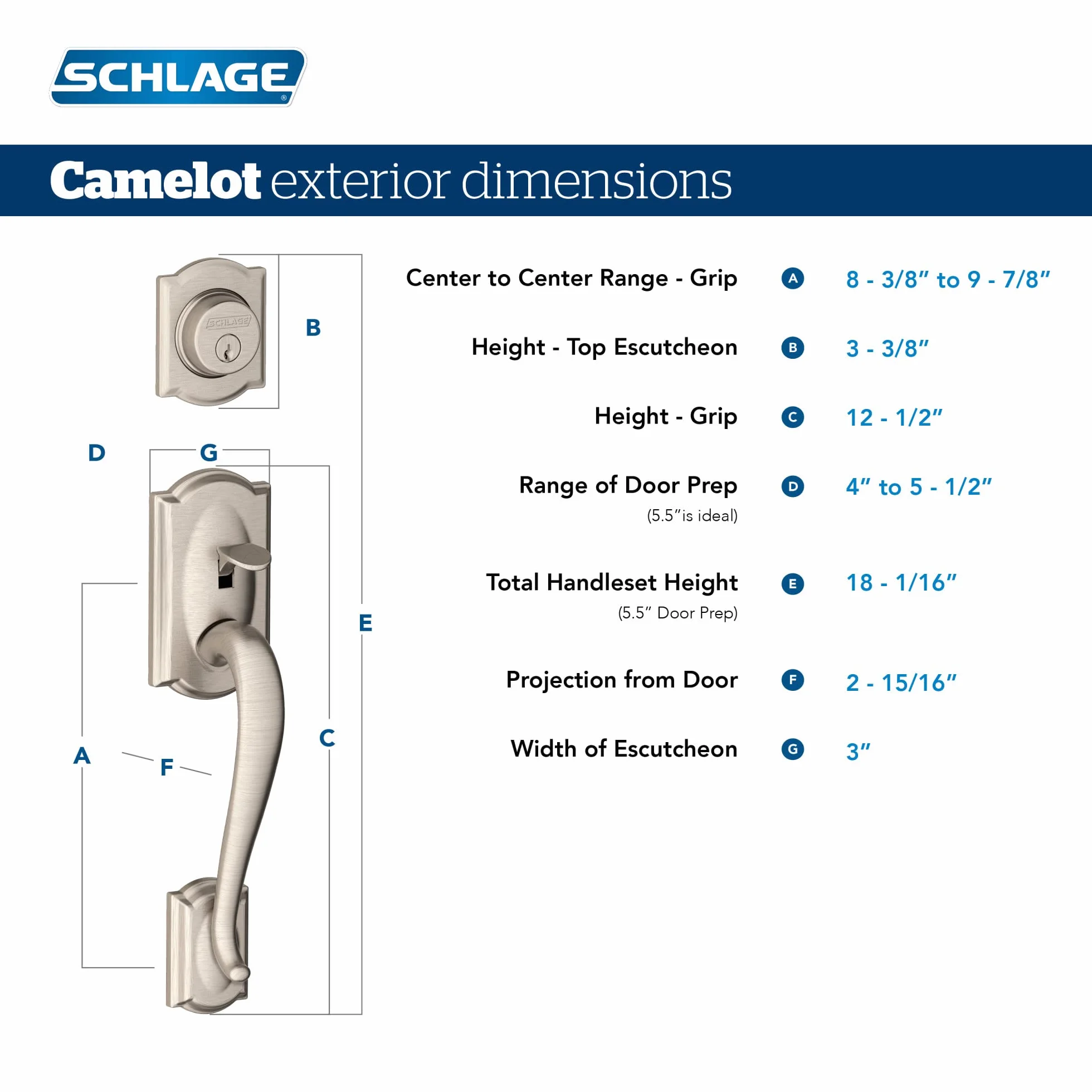 Schlage F60 V CAM 619 GEO Camelot przedni zestaw klamek wejściowych z gruzińską gałką, zasuwa z 1 stroną, satynowy nikiel