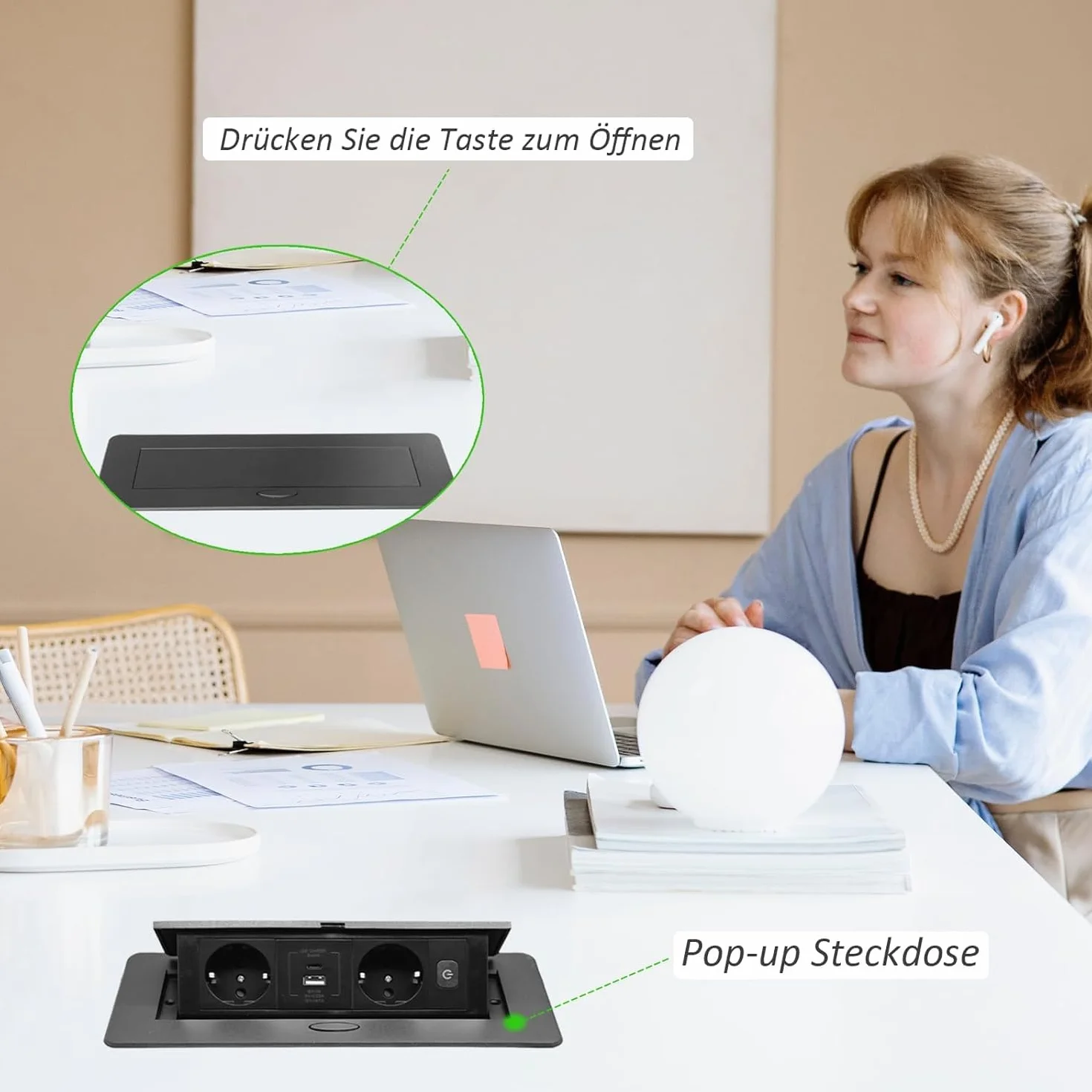 Wysuwane gniazdko na biurko, wpuszczane gniazdko do zabudowy, USB 3.0, typ C 20 W, szybkie ładowanie, Pop Up, zajmuje mało miejsca, do blatu roboczego, biura