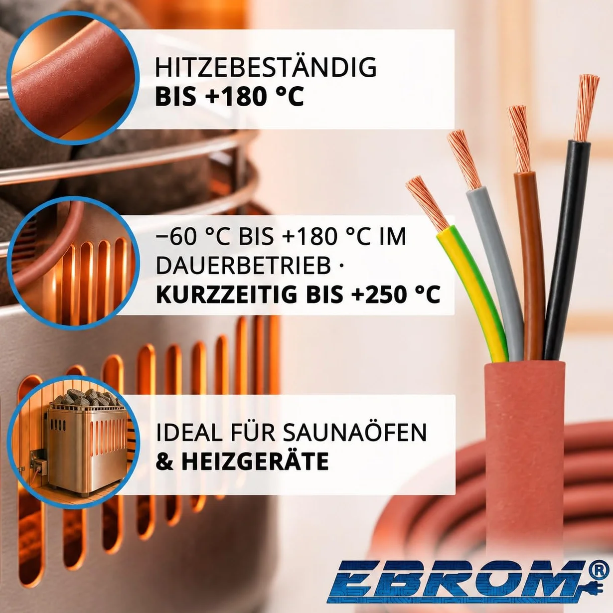 Kabel silikonowy (kabel do sauny) towar sprzedawany na metry SIHF-J 4 x 0,75 mm² (mm2) 100% miedź OFC ocynkowana – wybór w odstępach 1 metra (patrz rozwijane menu)