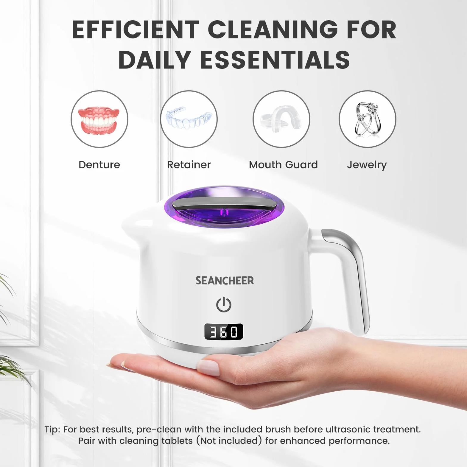 SEANCHEER Urządzenie Do Czyszczenia Ultradźwiękowego | 48000Hz | 24W | 180ML | Czyścik Ultradźwiękowy z lampą UV Do | Protez | Alignerów | Retainerów | Szyn Zębowych | Biżuterii | (Biały)