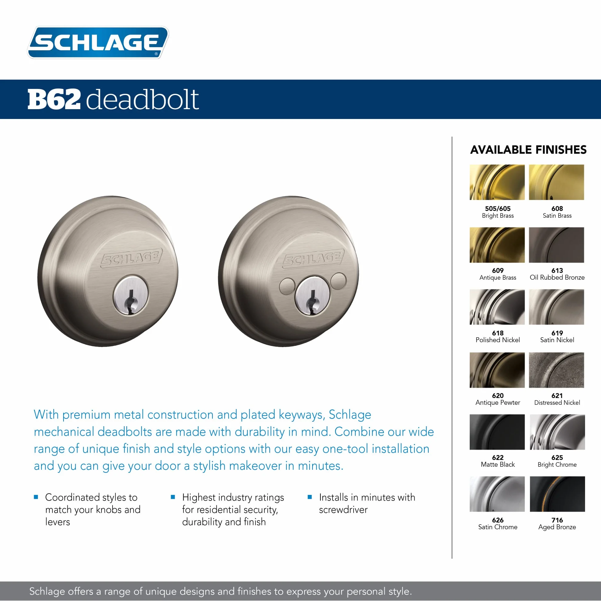 Schlage Deadbolt, 2-stronny, B62N619