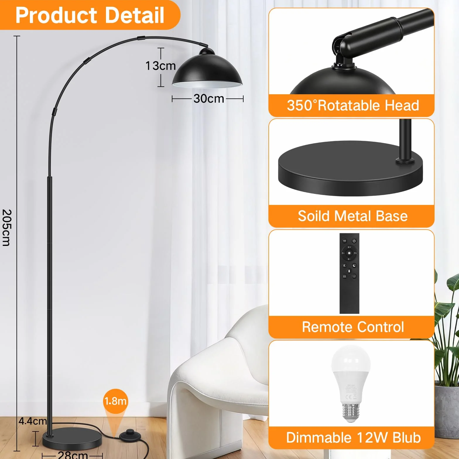OUTON Lampa łukowa, lampa stojąca LED z funkcją ściemniania | 4 temperatury barwowe, czarna, lampa stojąca do salonu, sypialni, biura
