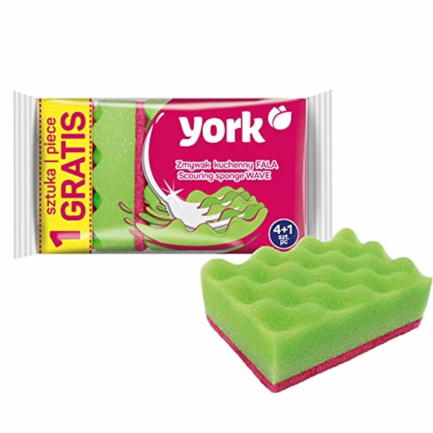 York Gąbka do czyszczenia naczyń, dwustronna, szorowanie wału, dokładne czyszczenie, 4 + 1 sztuka gratis, zielona