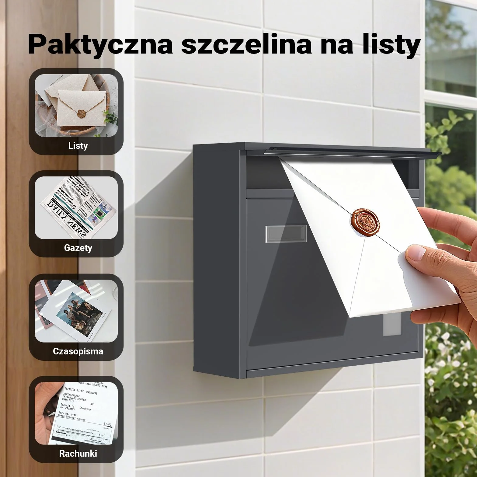Wiltec Skrzynka na listy antracytowa V12 stalowa z zamkiem i wizjerem, nowoczesna skrzynka pocztowa do montażu na ścianę, malowana proszkowo