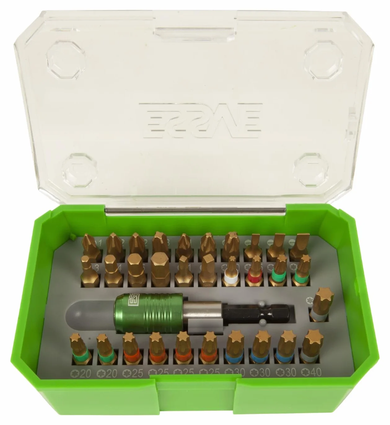 ESSVE XTR 10000285 zestaw bitów 32-częściowy, 25 mm, wysokiej jakości bity ze stali S2, precyzyjne bity do wkręcania, mocowanie magnetyczne, profesjonalny zestaw bitów do drewna, metalu i montażu