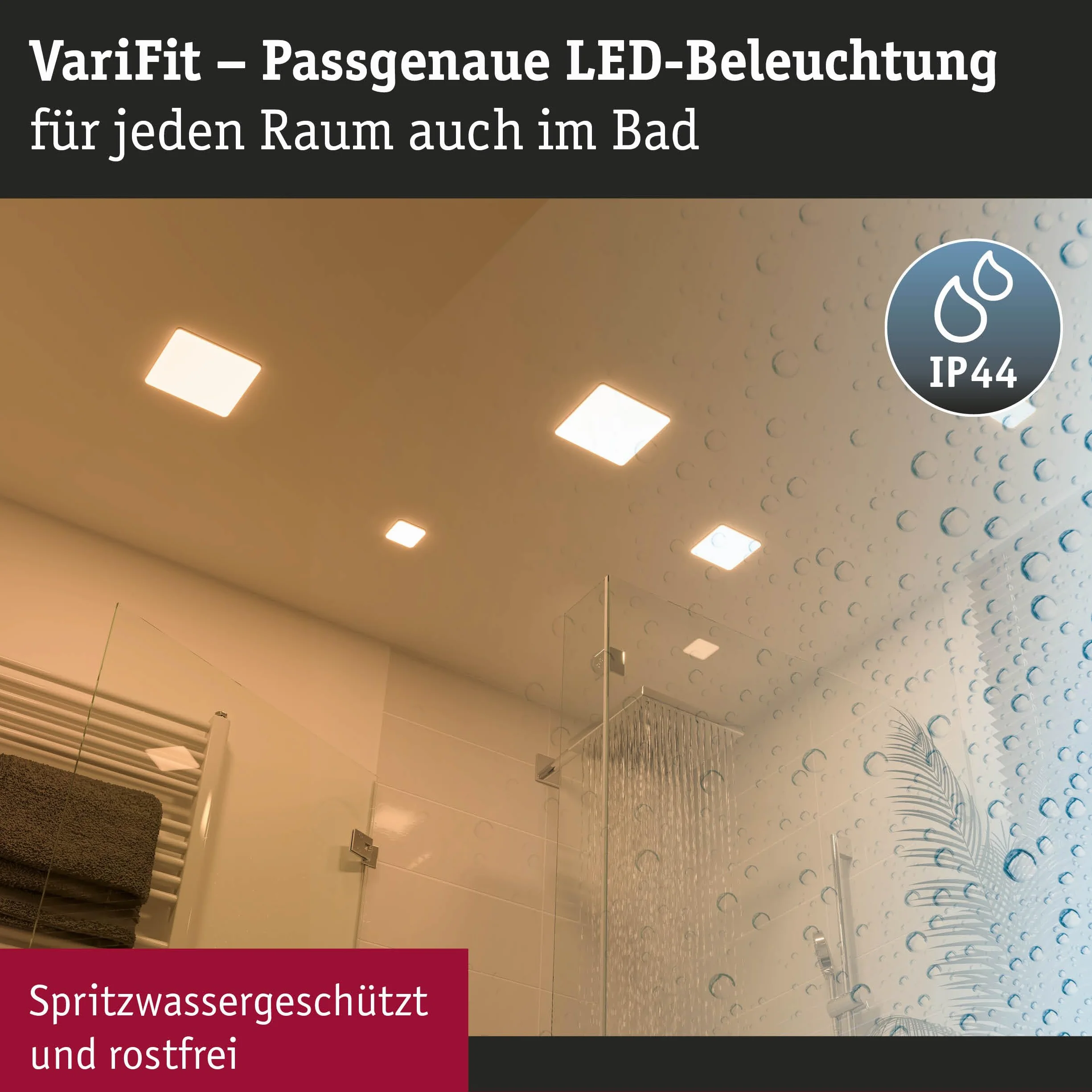 Paulmann 92395 Panel LED, oprawa wpuszczana Veluna VariFit, IP44 185x185mm czworok., w kompl. oprawa sufitowa 1x17 W satyn. tworzywo sztuczne 3000 K
