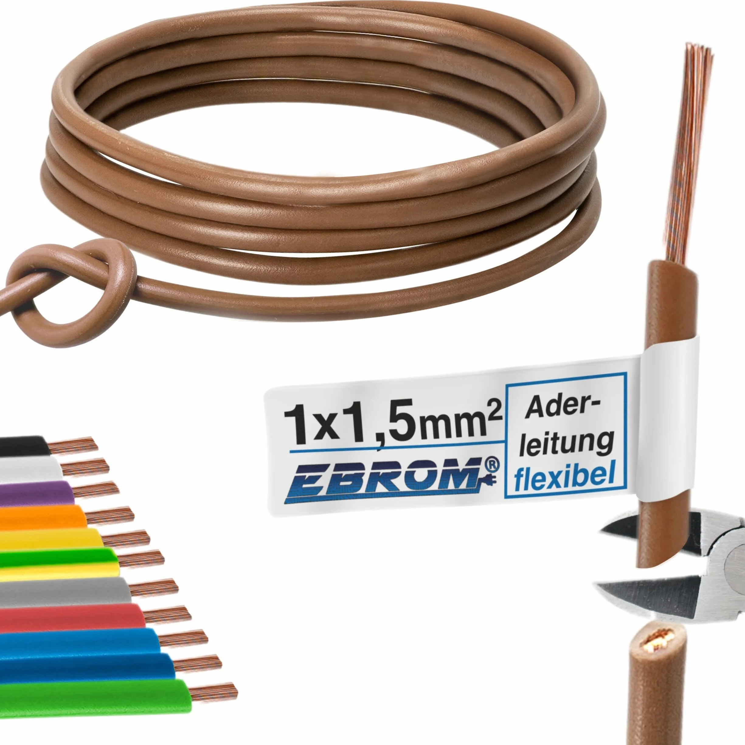 Przewód żyłowy, elastyczny, pojedynczy, z PCW, H07V-K 1,5 mm², kolor: brązowy 10 m/15 m/20 m/25 m/30 m/35 m/40 m/45 m/55 m/60 m do 100 m do wyboru