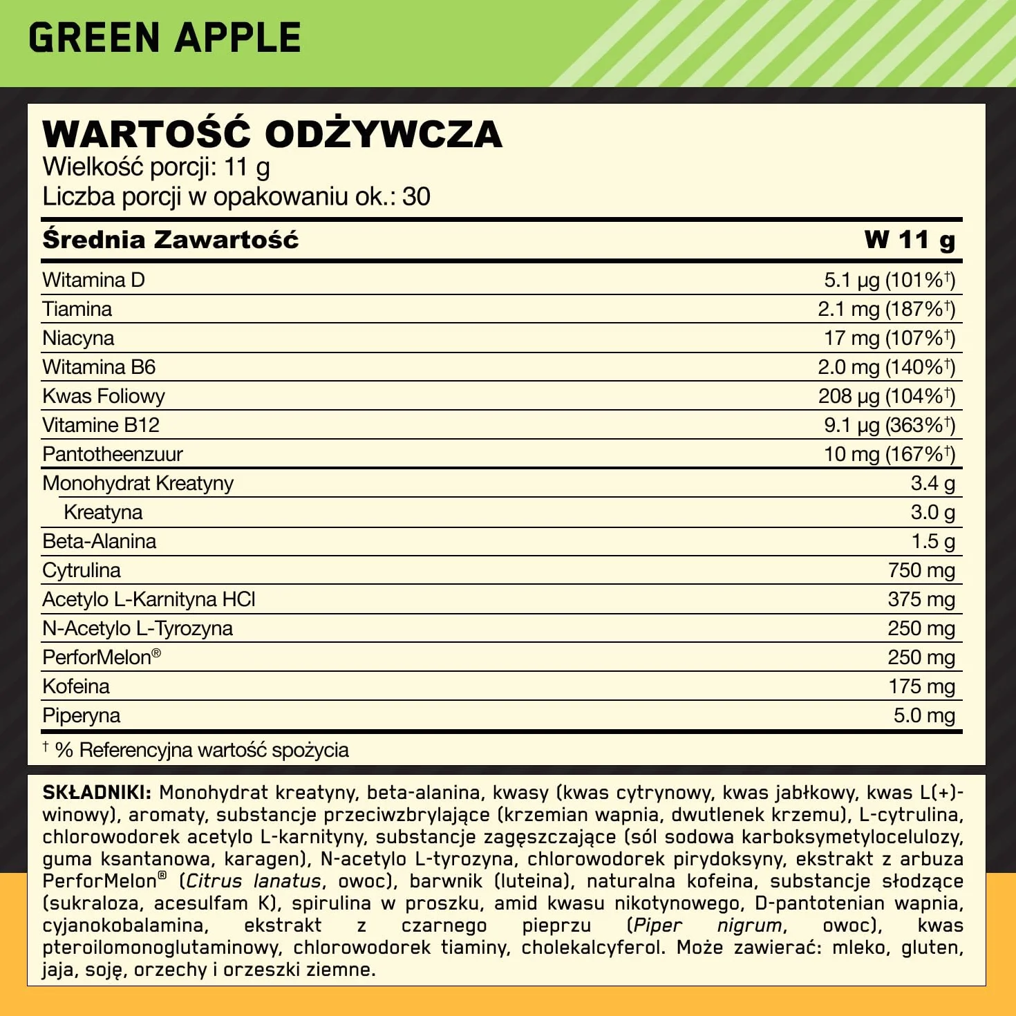 Optimum Nutrition Gold Standard odżywka przedtreningowa, napój energetyczny z monohydratem kreatyny, beta-alaniną, kofeiną i kompleksem witamin B, suplement diety, smak Green Apple, 30 porcji, 330 g