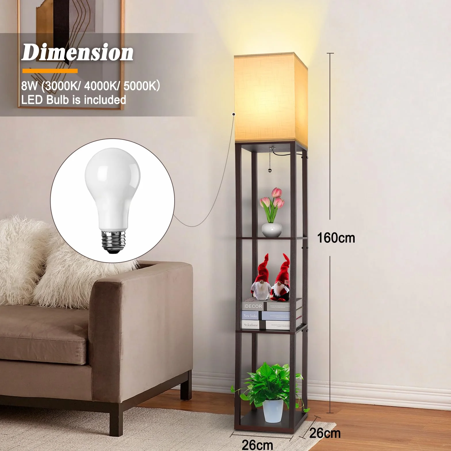 Lampa stojąca LED z drewna, brązowa lampa stojąca z regałem, lampa stojąca z żarówką, 3 temperatury barwowe, retro, lampka nocna z abażurami i oprawą E27, do salonu, biura, korytarza, narożnika