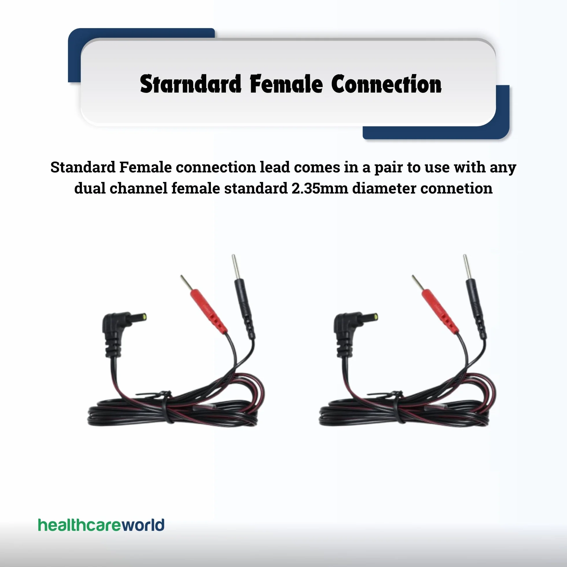 Healthcare World Przewody TENS 2,35 mm (2 szt.) – Kable żeńskie z pinem 2 mm, zamienne przewody do elektrod TENS do stymulacji mięśni, elektroterapii, łagodzenia bólu & rehabilitacji – długość 150 cm.