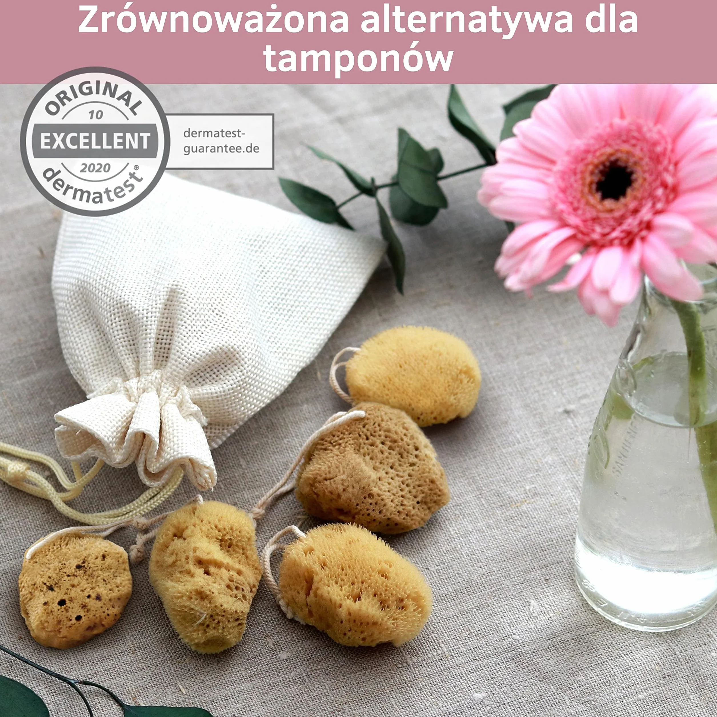 tom&pat® Naturalna gąbka menstruacyjna z nitką • alternatywa dla tamponów • zmywalna • Dermatest doskonały • pojemnik podróżny • jakość premium Grecja (Roz. S, 5 x 3-5 cm)