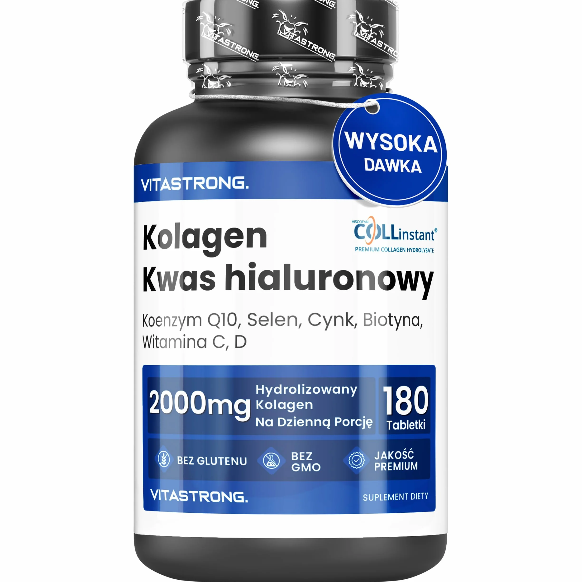 Hydrolizowany Kolagen 2000MG Vitastrong - COLLinstant® Kolagen i Kwas Hialuronowy z Biotyną, Koenzymem Q10, Cynkiem, Selenem, Witaminą C, Witaminą D - Skuteczna Formuła - Wysoka Jakość