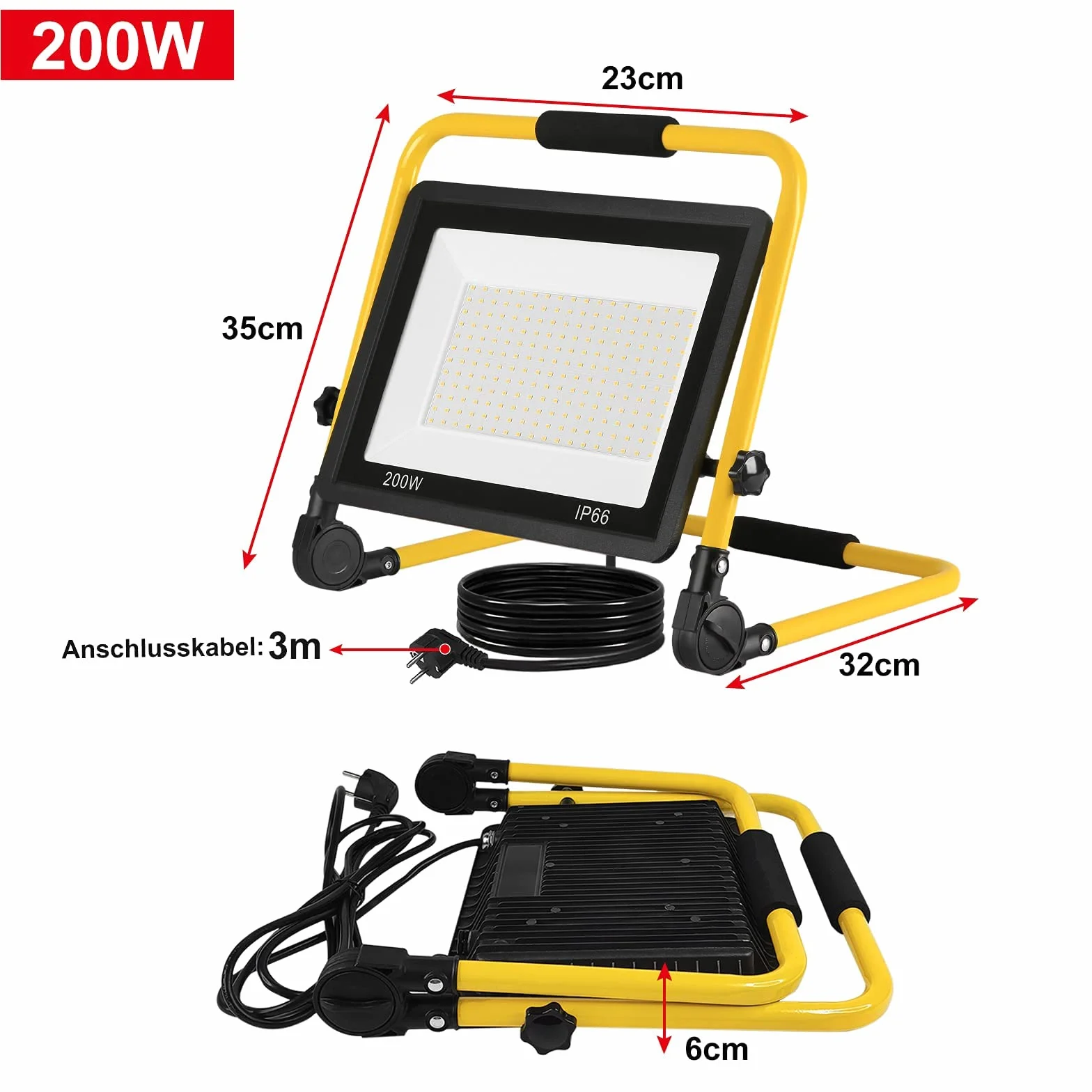 FIVMEN Reflektor budowlany 200 W 16000 lm LED lampa robocza ze stelażem i wtyczką kabla 3 m, IP66, wodoszczelny, do warsztatu, na plac budowy, garażu, ciepła biel